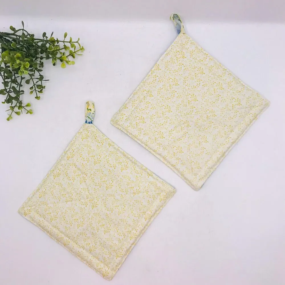 2 Square Potholders, Yellow Blue Patchwork Cottage Core Kitchen 7x7 Inches